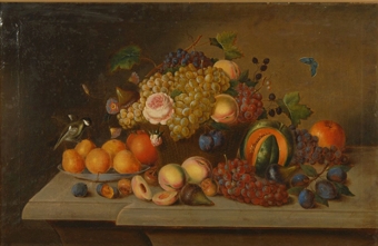 Still life of Fruits, including grapes, oranges,plumbs, figs and blackberies