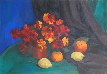 Still life of geraniums,  oranges and lemons on a cloth drapped  table