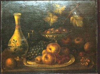 Still life with fruit and a vase on a ledge