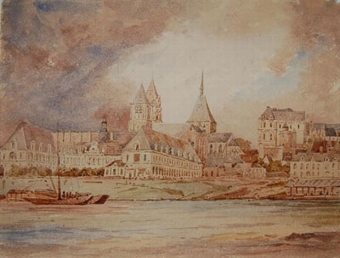 The Chateau de Blois and St Nicholas Cathedral, Blois from the river Loire