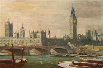 The Palace of Westminster from the Thames and Westminster Abbey  beyond