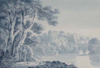 Travellers at a riverside ruined castle