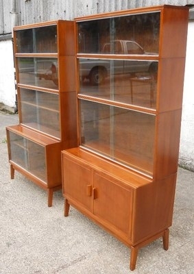 Antique Pair Mahogany Glass Fronted Bookcases for Book / Stationary Storage by Minty