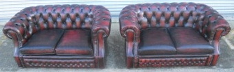 Chesterfield Settee's Pair Victorian Style Deep Buttoned Ox Blood Red Two Seater