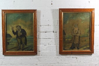 Antique Naive pair of folk art portraits on tin from a Macclesfield museum