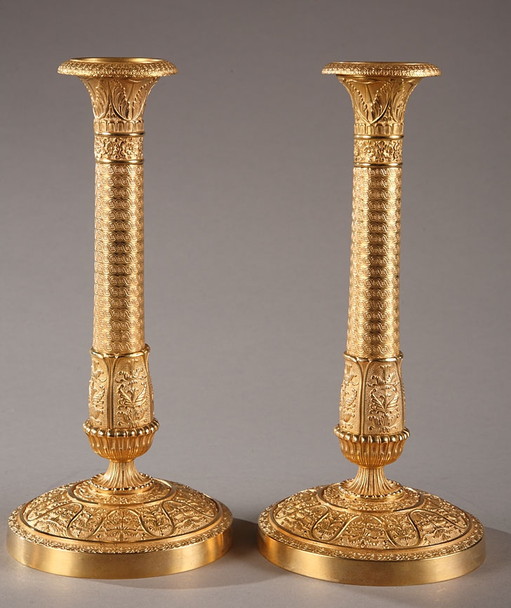 Pair of early 19th century French Charles X gilt bronze candlesticks