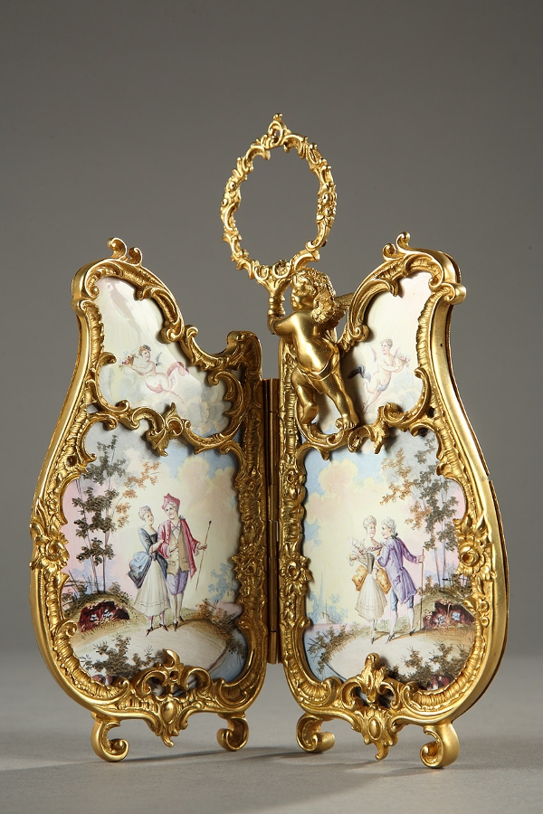 Miniature rococo style screen decorated with porcelain plates and ormolu mounts