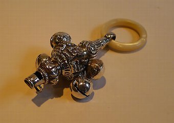 Antique English Sterling Silver Baby's Rattle & Whistle by George Unite
