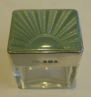 Small English Art Deco Cut Glass, Sterling Silver & Guilloche Enamel Box - 1939