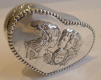 Antique English Heart Shaped Sterling Silver Box - Reynold's Angels - 1898