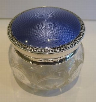 Stunning English Crystal, Sterling Silver & Guilloche Enamel Powder Bowl - 1923