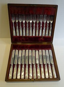 Magnificent Set 12 Fruit Knives & Forks / Mother of Pearl & Silver Plate c.1890