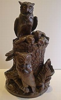 Rare & Magnificent Figural Black Forest Tobacco Box - Owl Family c.1900