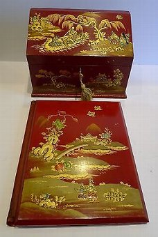 Antique English Edwardian Red Chinoiserie Desk Set c.1910