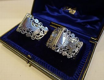 Top Quality Pair Antique Sterling Silver Triangular Napkin Rings