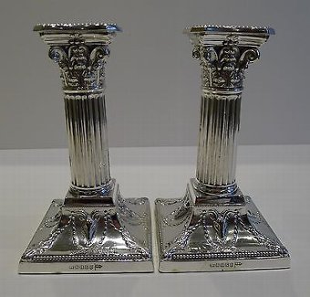 Pair Antique English Silver Plated Candlesticks - Corinthian Columns