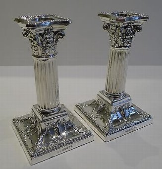 Antique Pair Antique English Silver Plated Candlesticks - Corinthian Columns