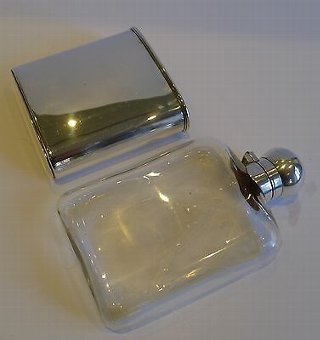 Antique Unusual Antique English Sterling Silver & Glass Hip or Liquor Flask - 1900