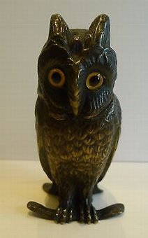Antique Antique Figural Inkwell - Cast Brass or Bronze Owl With Glass Eyes c.1890