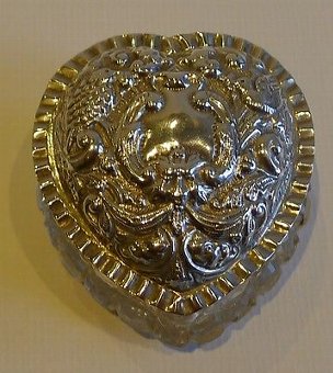 Antique English Cut Crystal Heart Shaped Box - Sterling Silver Lid