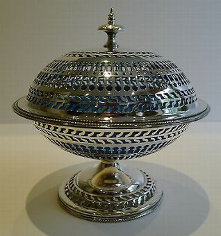 Antique English Silver Pierced Silver Plate Covered Dish - Original Blue Glass