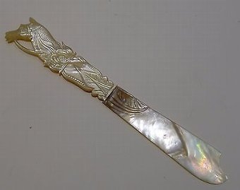 Fabulous Antique French Equestrian Carved Mother of Pearl Letter Opener c.1860