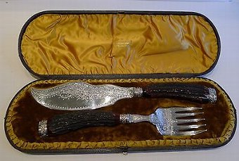 Magnificent & Grand Antler Horn & Silver Fish Servers - 1886