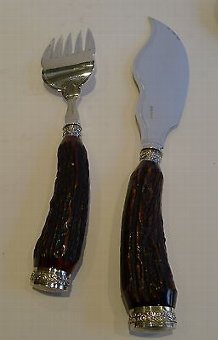Antique Magnificent & Grand Antler Horn & Silver Fish Servers - 1886