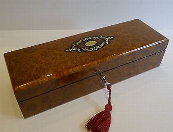 Antique French Burr Cedar Glove Box c. 1870 - Original Tufted Silk Interior