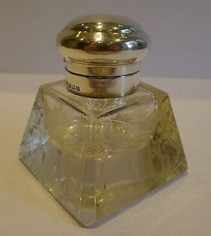 Antique English Engraved Crystal & Sterling Silver Inkwell - 1912