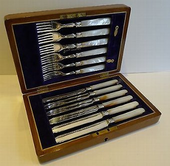 Antique Silver Plate & Mother of Pearl Fruit Knives & Forks - Original Box c1900