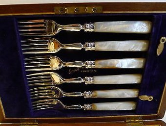 Antique Antique Silver Plate & Mother of Pearl Fruit Knives & Forks - Original Box c1900