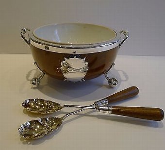 Antique English Oak & Silver Plate Salad Bowl & Servers c.1900 by Daniel & Arter