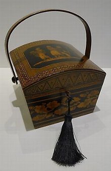 Wonderful Antique English Penwork Sewing Box / Basket c.1820