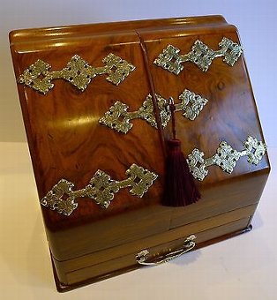 Antique English Brass Mounted Walnut Stationery Cabinet / Writing Box c.1890