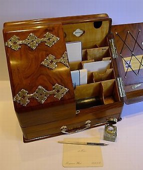Antique Antique English Brass Mounted Walnut Stationery Cabinet / Writing Box c.1890