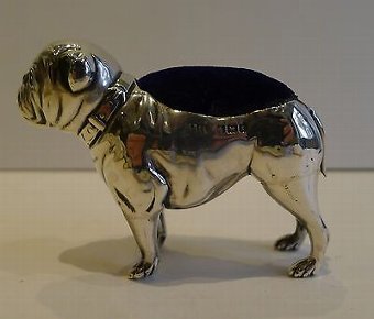 Rare Antique Sterling Silver Figural Pin Cushion, English Bulldog