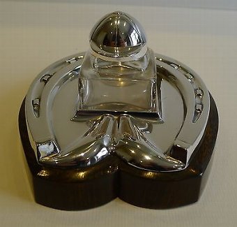 Antique Equestrian / Horse Racing Inkstand / Inkwell in Oak & Silver Plate