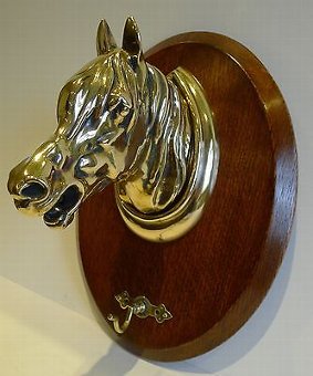 Antique English Oak & Brass Equestrian Crop Hook - Horse's Head c.1890
