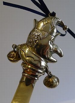 Mr. Punch English Sterling Silver Baby Rattle - Mother of Pearl Handle - 1934