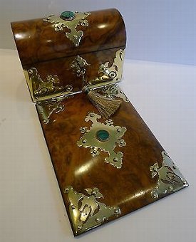 Antique Burl Walnut Desk Set - Brass & Malachite Mounted c.1860