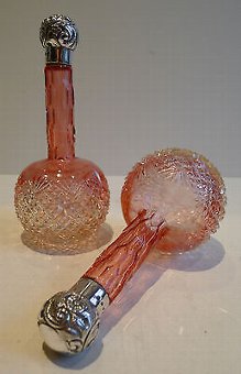 Rare Pair Antique Cut Glass & Sterling Silver Perfume Bottles - Cranberry - 1896