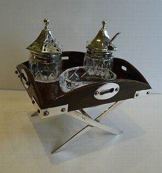 Rare Antique English Novelty Cruet Set - Butlers Tray In Oak & Silver Plate