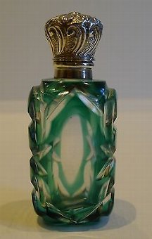 Antique English Green Overlay Glass Perfume Bottle - Sterling Silver c.1890