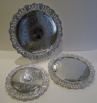 Fabulous Set Three Graduated Silver Plated Salvers / Trays c.1860