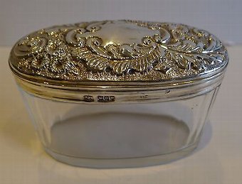 Large Oval Antique English Cut Crystal & Sterling Silver Vanity Jar of Box