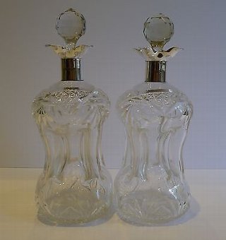 Fine Pair of Cut Crystal & Sterling Silver Decanters by William Hutton & Sons