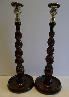 Towering Antique English Oak & Brass Barley Twist Candlesticks c.1900 - 14