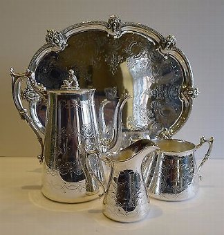 Antique English Silver Plated Coffee Set With Tray - Family Crest, c.1880