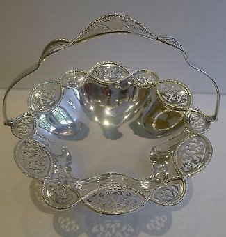 English Pierced or Reticulated Silver Plated Cake Basket by Walker and Hall